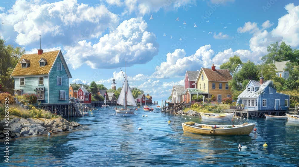 Fototapeta premium A charming seaside village with colorful houses and boats gently bobbing in the harbor.