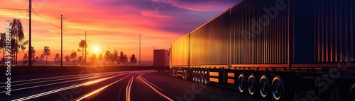 Vibrant sunset illuminates a freight train alongside railway tracks, creating a tranquil atmosphere for travel and transport.