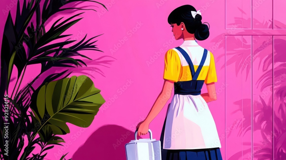 Fototapeta premium A woman in a colorful dress stands against a vibrant pink wall, holding a bucket and surrounded by lush green plants.