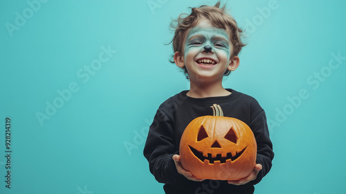 cute young boy dressed as Frankenstein, halloween kid costume, wallpaper with copy space