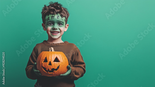 cute young boy dressed as Frankenstein, halloween kid costume, wallpaper with copy space