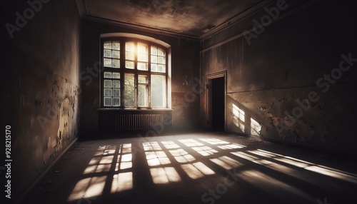 An image of an empty dimly lit room with a large window and sunlight