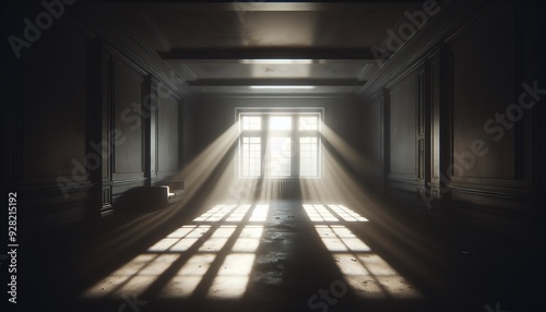 An image of an empty dimly lit room with a large window