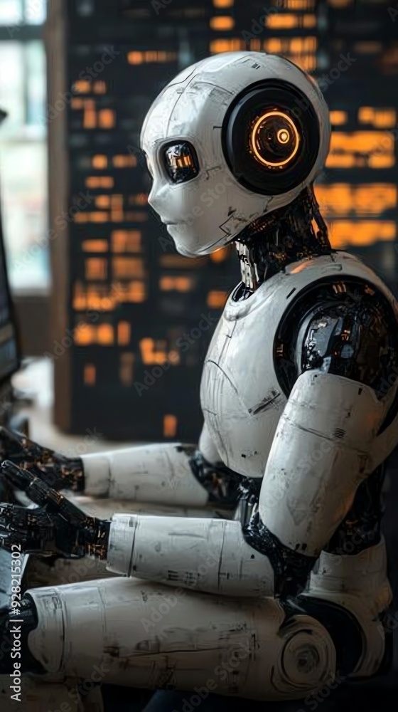 Humanoid robot working on a computer. Humanoid robot working on a computer.