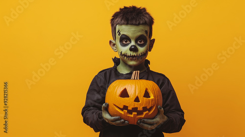 halloween children costume, kid dressed as frankenstein holding a carved pumpkin