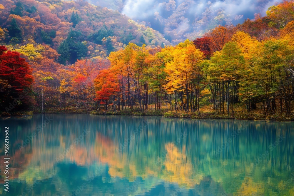 Naklejka premium Colorful autumn fall foliage Icho Namiki Avenue, Japan