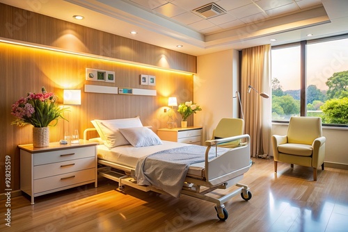 Serene hospital room with a warm lighting, comfortable bed, and essential medical equipment, creating a soothing atmosphere for new mothers and their babies. photo