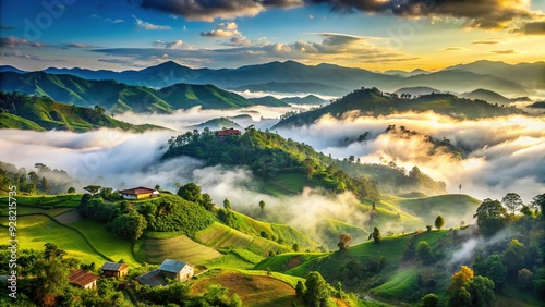 Serene misty landscape of Meghalaya's rolling hills, lush green forests, and vast valleys, showcasing nature's grandeur in the abode of clouds, northeastern India. photo