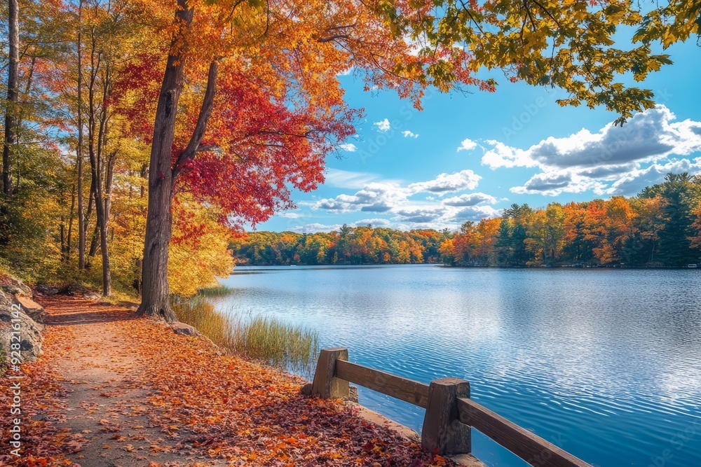 Colorful autumn fall foliage Jericho lake, New England