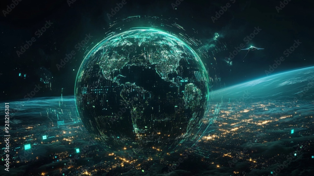 Obraz premium Futuristic digital globe with glowing lines and city lights.
