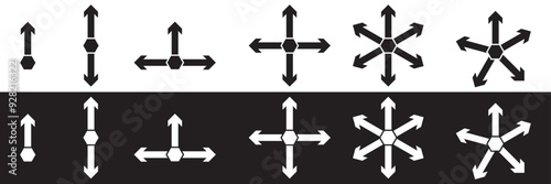 Arrow multiple direction icons. Vector one. two, three,  four, five and six way arrows or option signs for infographic chart or presentation pointers. Vector illustration. EPS 10