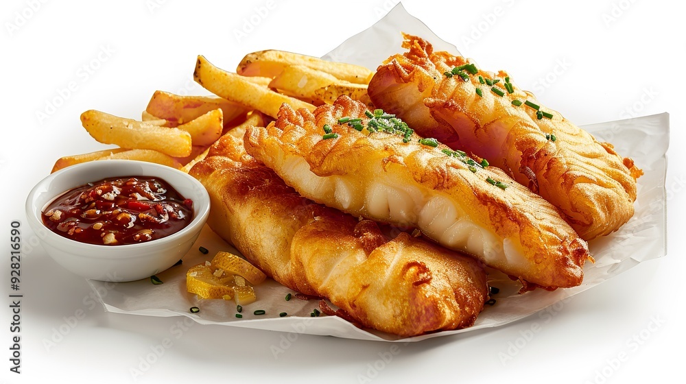 Crispy Fish and Chips with Lemon Wedges and Ketchup Crispy Fish and Chips with Lemon Wedges and Ketchup