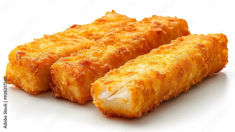 Macro view Golden crispy fried fish fingers on white background Macro view Golden crispy fried fish fingers on white background