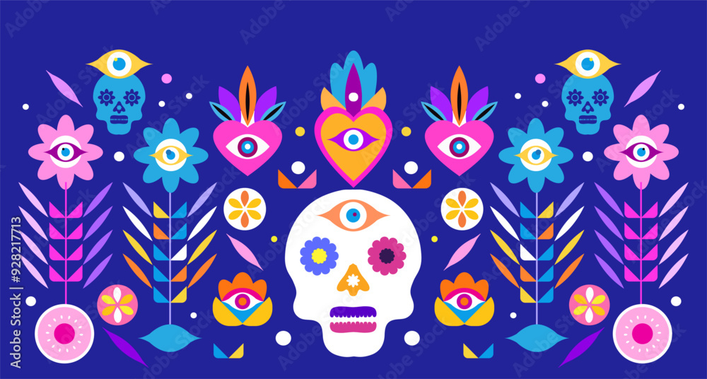 Dia de Los Muertos, Day of the Dead or Halloween greeting card, banner, background Sugar skulls, candle, maracas, guitar, sombrero, marigold flowers, Сalavera la Catrina skeleton Vector illustration Dia de Los Muertos, Day of the Dead or Halloween greeting card, banner, background Sugar skulls, candle, maracas, guitar, sombrero, marigold flowers, Сalavera la Catrina skeleton Vector illustration