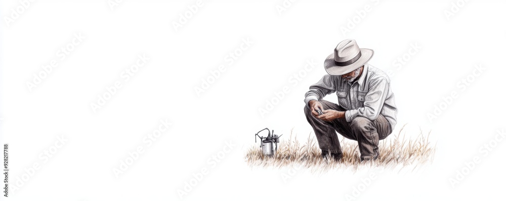 A farmer checks methane gas pressure gauges A farmer checks methane gas pressure gauges