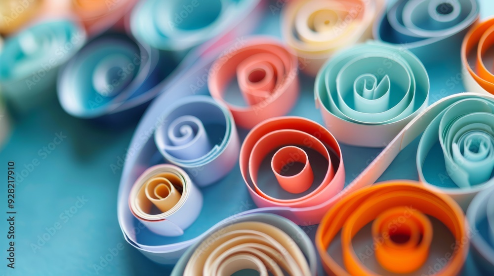Close-up abstract background of colorful curled quilling paper strips on blue surface – vibrant and intricate paper art composition with delicate swirls and twists in crafting and scrapbooking design Close-up abstract background of colorful curled quilling paper strips on blue surface – vibrant and intricate paper art composition with delicate swirls and twists in crafting and scrapbooking design