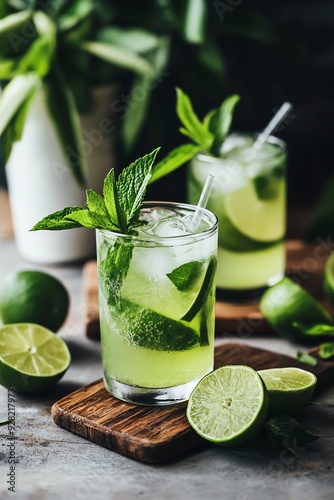 Refreshing cocktail featuring mint and lime, perfect for summer gatherings and outdoor parties. photo