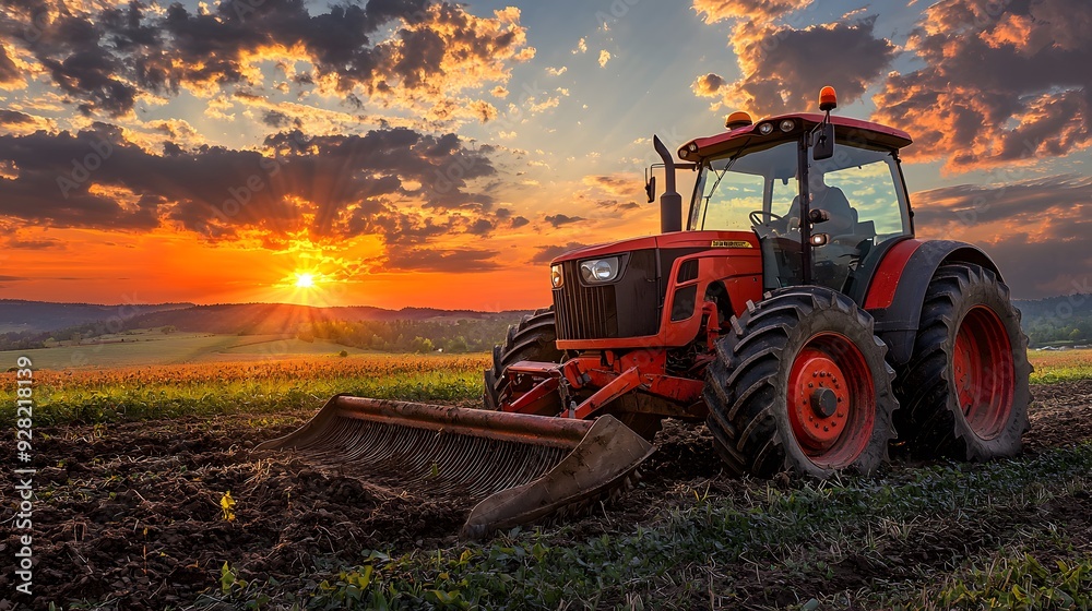 Obraz premium A vibrant orange tractor plowing a field at sunset, embodying rural hard work.