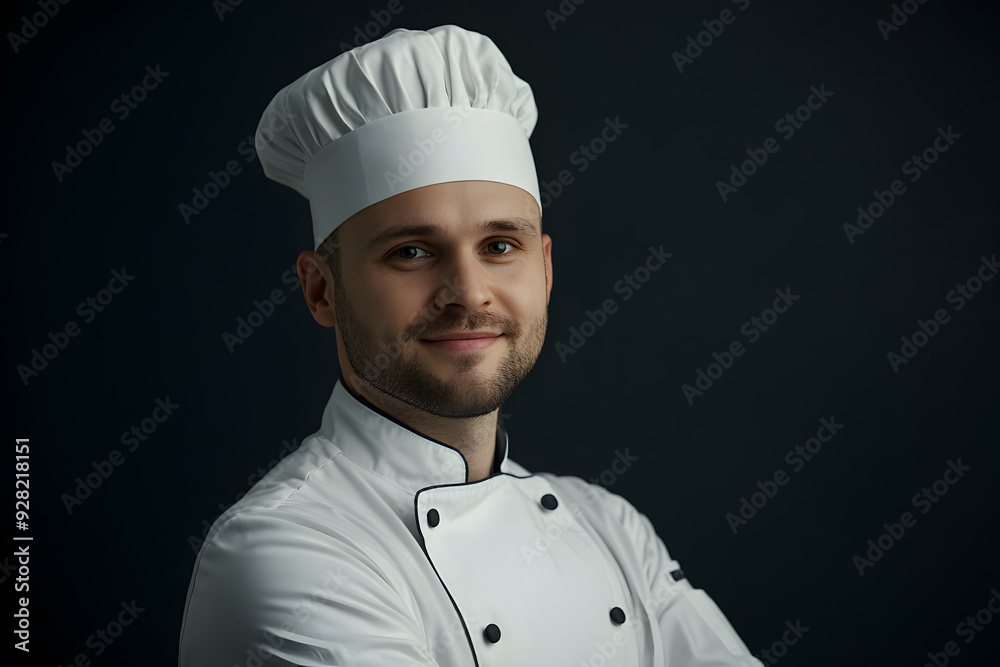 Portrait of Young handsome chef in white outfit with crossed arms looking at camera Portrait of Young handsome chef in white outfit with crossed arms looking at camera