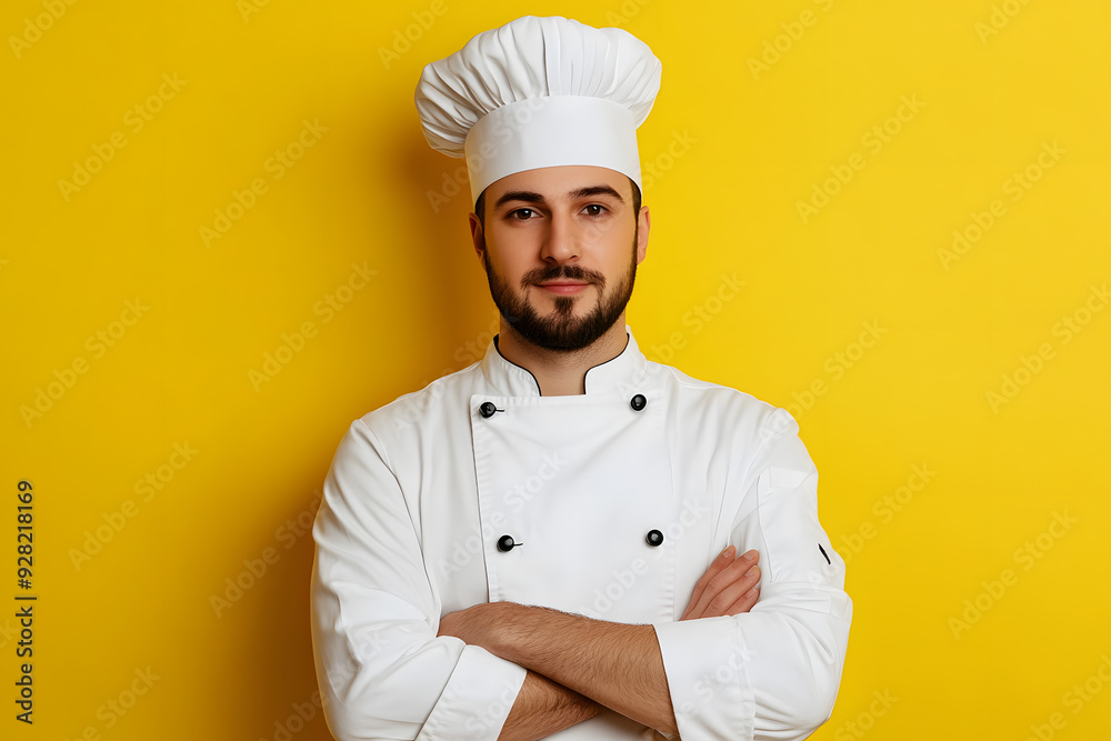 Portrait of Young handsome chef in white outfit with crossed arms looking at camera Portrait of Young handsome chef in white outfit with crossed arms looking at camera