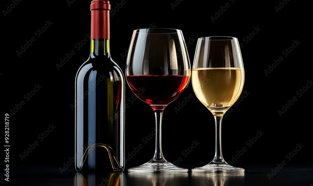 Glasses and bottles with red and white wine on black background, Generative AI Glasses and bottles with red and white wine on black background, Generative AI
