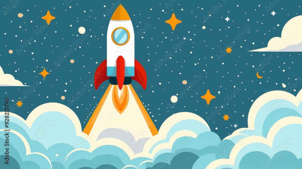 A colorful rocket soaring through a starry sky, surrounded by clouds, perfect for themes of exploration and adventure. A colorful rocket soaring through a starry sky, surrounded by clouds, perfect for themes of exploration and adventure.