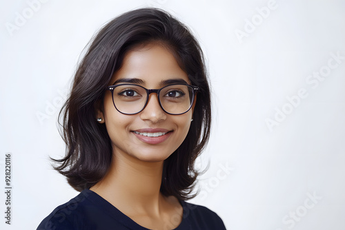 Happy smiling student Indian woman in glasses portrait isolated on white