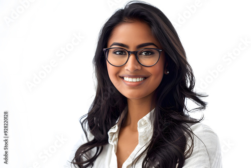 Happy smiling student Indian woman in glasses portrait isolated on white
