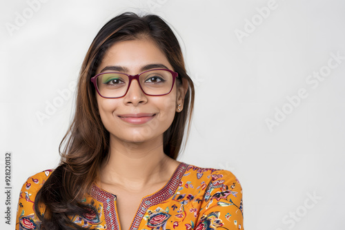 Happy smiling student Indian woman in glasses portrait isolated on white