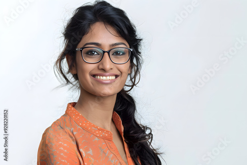 Happy smiling student Indian woman in glasses portrait isolated on white