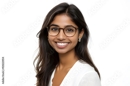 Happy smiling student Indian woman in glasses portrait isolated on white
