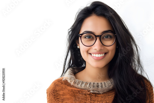 Happy smiling student Indian woman in glasses portrait isolated on white