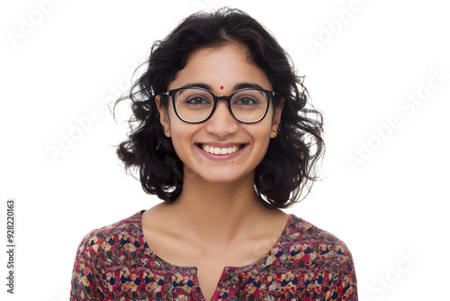 Happy smiling student Indian woman in glasses portrait isolated on white