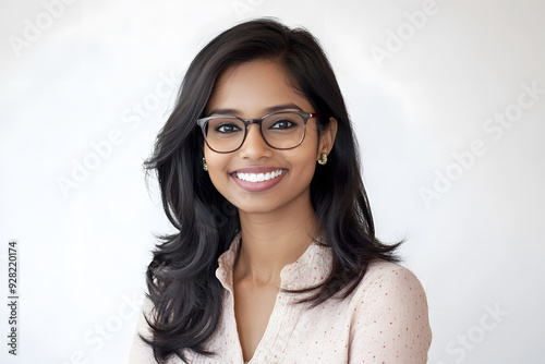 Happy smiling student Indian woman in glasses portrait isolated on white