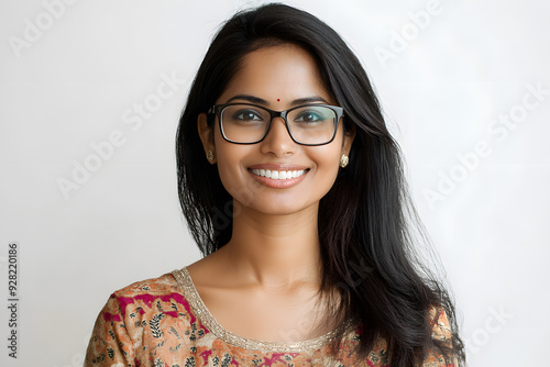 Happy smiling student Indian woman in glasses portrait isolated on white