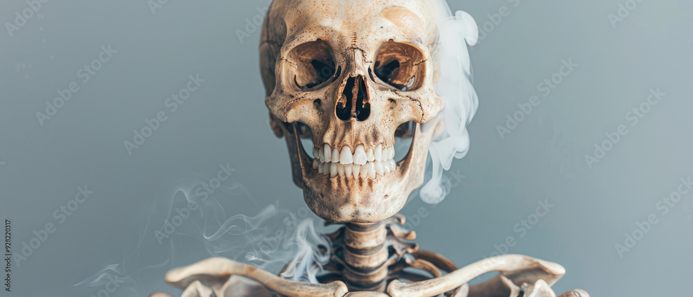 Smiling skeleton surrounded by soft wisps of smoke, illuminated against a muted background, evoking themes of humor and the macabre in a playful juxtaposition. Smiling skeleton surrounded by soft wisps of smoke, illuminated against a muted background, evoking themes of humor and the macabre in a playful juxtaposition.