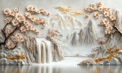Volumetric stucco molding on a concrete wall with golden elements, Japanese landscape, waterfall, mountains, sakura, Generative AI