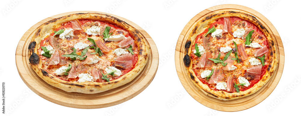 Delicious pizza served on a wooden plate isolated on a white background. Concept for advertising flyer and poster for restaurants or pizzerias. Delicious pizza served on a wooden plate isolated on a white background. Concept for advertising flyer and poster for restaurants or pizzerias.