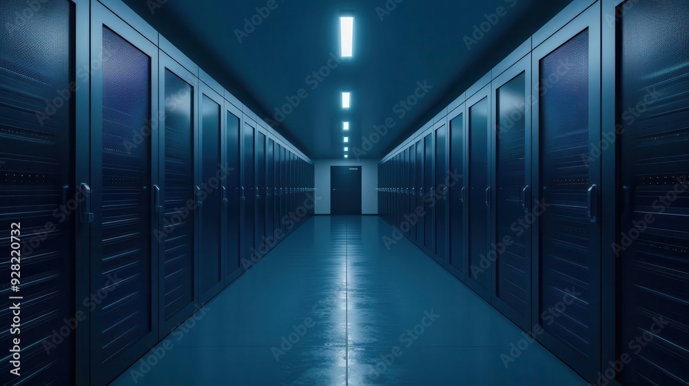 Fototapeta premium A dimly lit corridor lined with storage units, creating an atmosphere of mystery and organization in a modern facility.