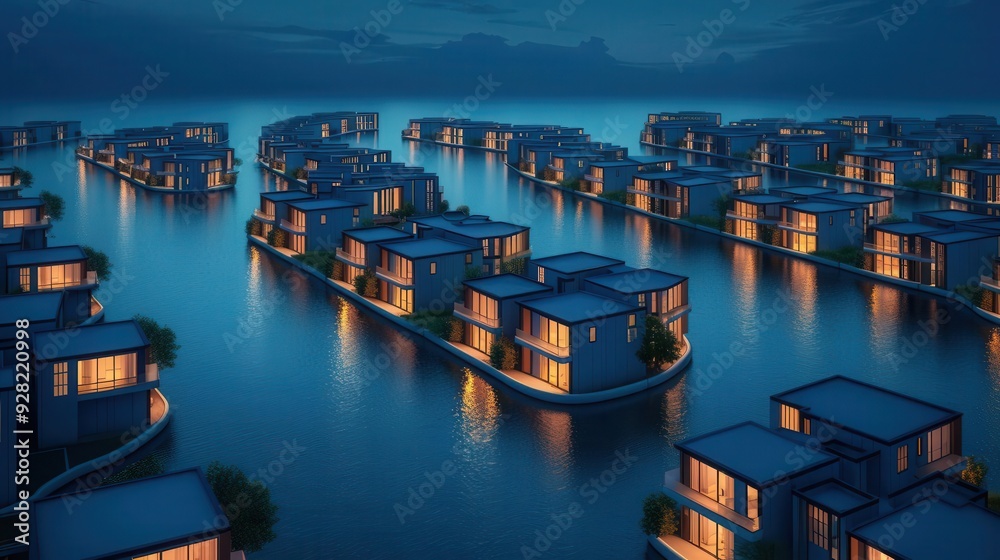 Obraz premium A serene evening view of modern floating houses illuminated over tranquil waters, creating a picturesque and cozy atmosphere.
