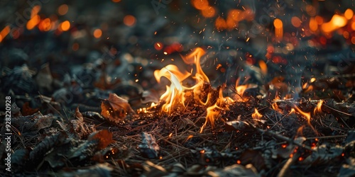 Active flame surrounded by burnt ash in the foreground signifying ongoing combustion Illegal burning of leaves and dry grass