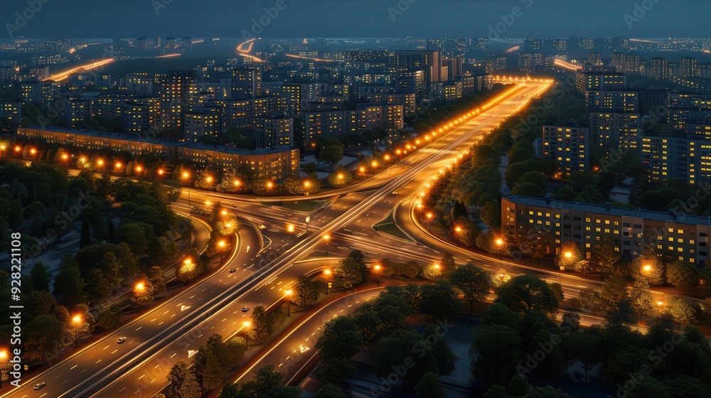 A stunning aerial view of a city highway illuminated at night, showcasing urban architecture and vibrant traffic flow. A stunning aerial view of a city highway illuminated at night, showcasing urban architecture and vibrant traffic flow.