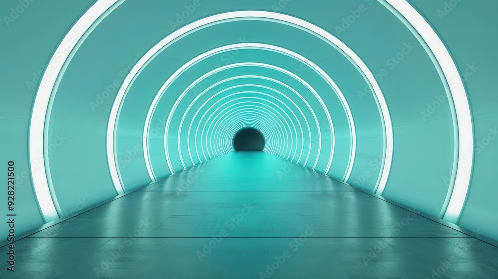Naklejka premium Futuristic tunnel with glowing blue lights, creating a serene and modern atmosphere for your creative projects.
