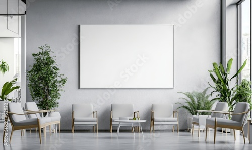 A mockup of an empty white poster on the wall in modern hospital waiting room with comfortable chairs and medical equipment. empty white blank poster on white wall in hospital, white, Generative AI