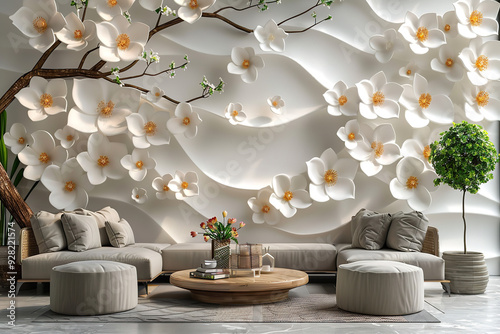 a delicate 3d mural showcasing floral arrangements on a white background, set against a beautifully textured wallpaper.