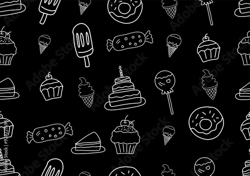 Bakery and pasty dessert seamless pattern.  Bakery doodle art on a black background. For cards, frames, posters, book covers, textiles, wallpaper, wrapping and fabric.