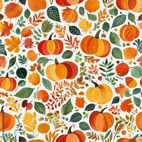 Autumn Harvest Pattern with Pumpkins and Leaves