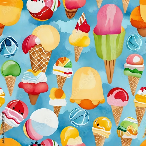 Colorful Seamless Pattern of Ice Cream Cones, with a playful arrangement of various ice cream flavors and decorations.
