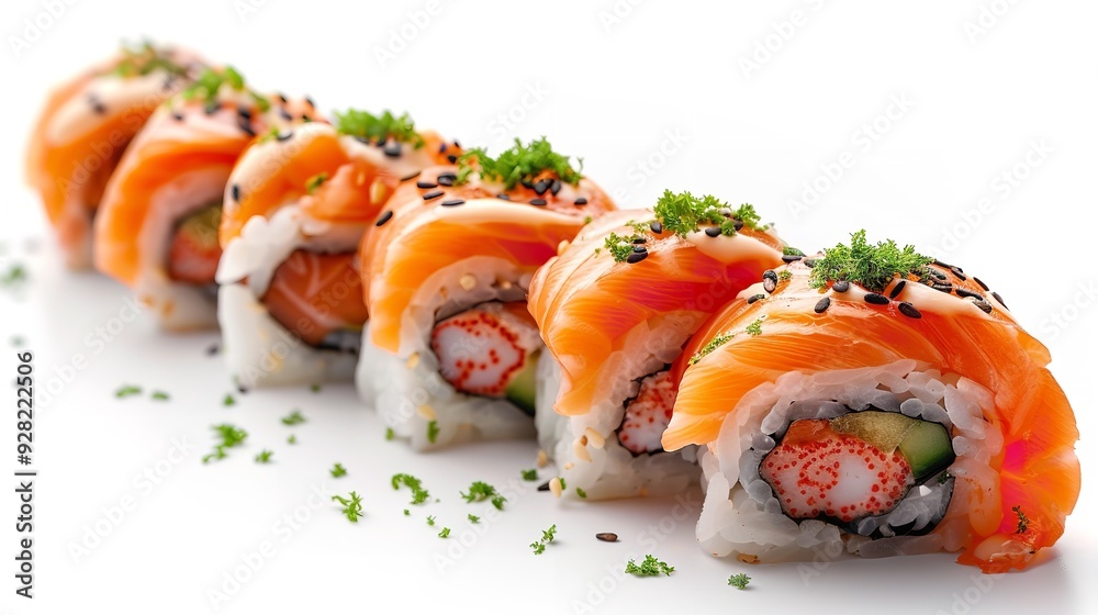 A close-up of a fresh salmon sushi roll garnished with herbs and seeds, presented on a white background. A close-up of a fresh salmon sushi roll garnished with herbs and seeds, presented on a white background.
