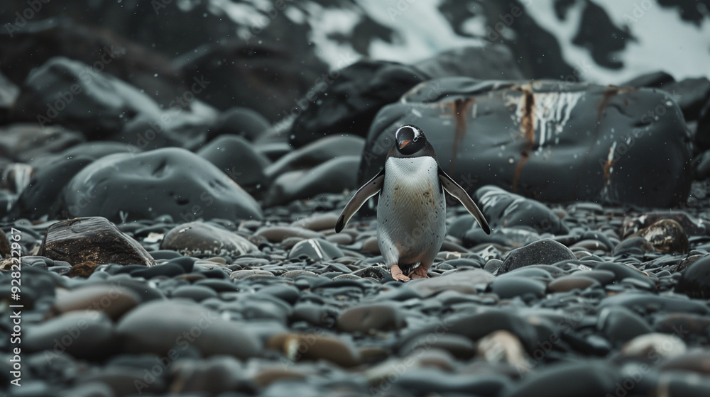 A Lone Penguin's Journey: Walking Through a Rocky Terrain Captured in a Photograph